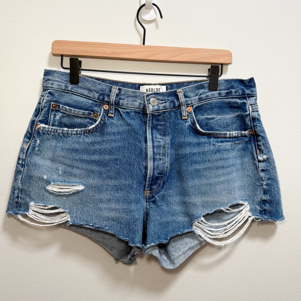 Agolde Parker denim shorts high rise distressed cutoff jean shorts western beach - Picture 2 of 12